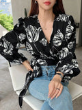 Lantern Sleeve Wrap Blouse - Black