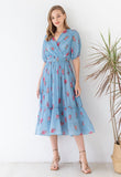 Floral Pleated Wrap Dress - Blue