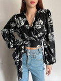 Lantern Sleeve Wrap Blouse - Black