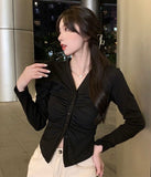 Scrunch Polo Collar Top - Black