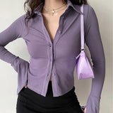 Button Front Ribbed Top - Purple