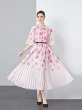 Floral Pleated Dress With Belt - Pink