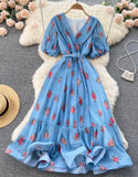 Floral Pleated Wrap Dress - Blue