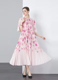 Floral Pleated Dress With Belt - Pink