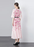 Floral Pleated Dress With Belt - Pink