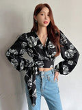 Lantern Sleeve Wrap Blouse - Black