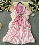 Floral Pleated Dress With Belt - Pink