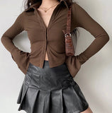 Button Front Ribbed Top - Brown