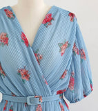 Floral Pleated Wrap Dress - Blue