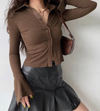 Button Front Ribbed Top - Brown