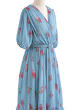 Floral Pleated Wrap Dress - Blue