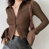 Button Front Ribbed Top - Brown