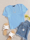 Square Neck Top - Short Sleeves - Baby Blue