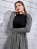 SHEIN Mock Neck Leg-Of-Mutton Sleeve Houndstooth Dress