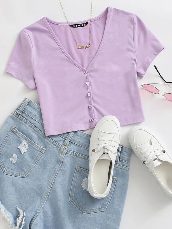 SHEIN Buttoned Front Crop Top - Lilac Purple / XS