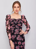 SHEIN Ruched Detail Gigot Sleeve Floral Mesh Dress